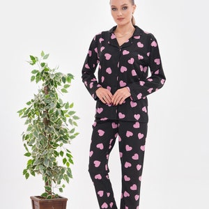 Pink Heart Pajama Set: Women&#39;s Button-Up Loungewear