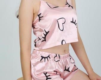 Satin Pajama Set: Beige Camisole & Shorts with Heart Eyelash Print