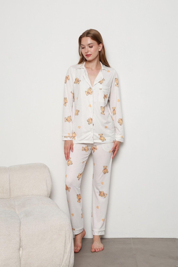 Cozy White Pajama Set - Cute Teddy Bear Heart Print, Button