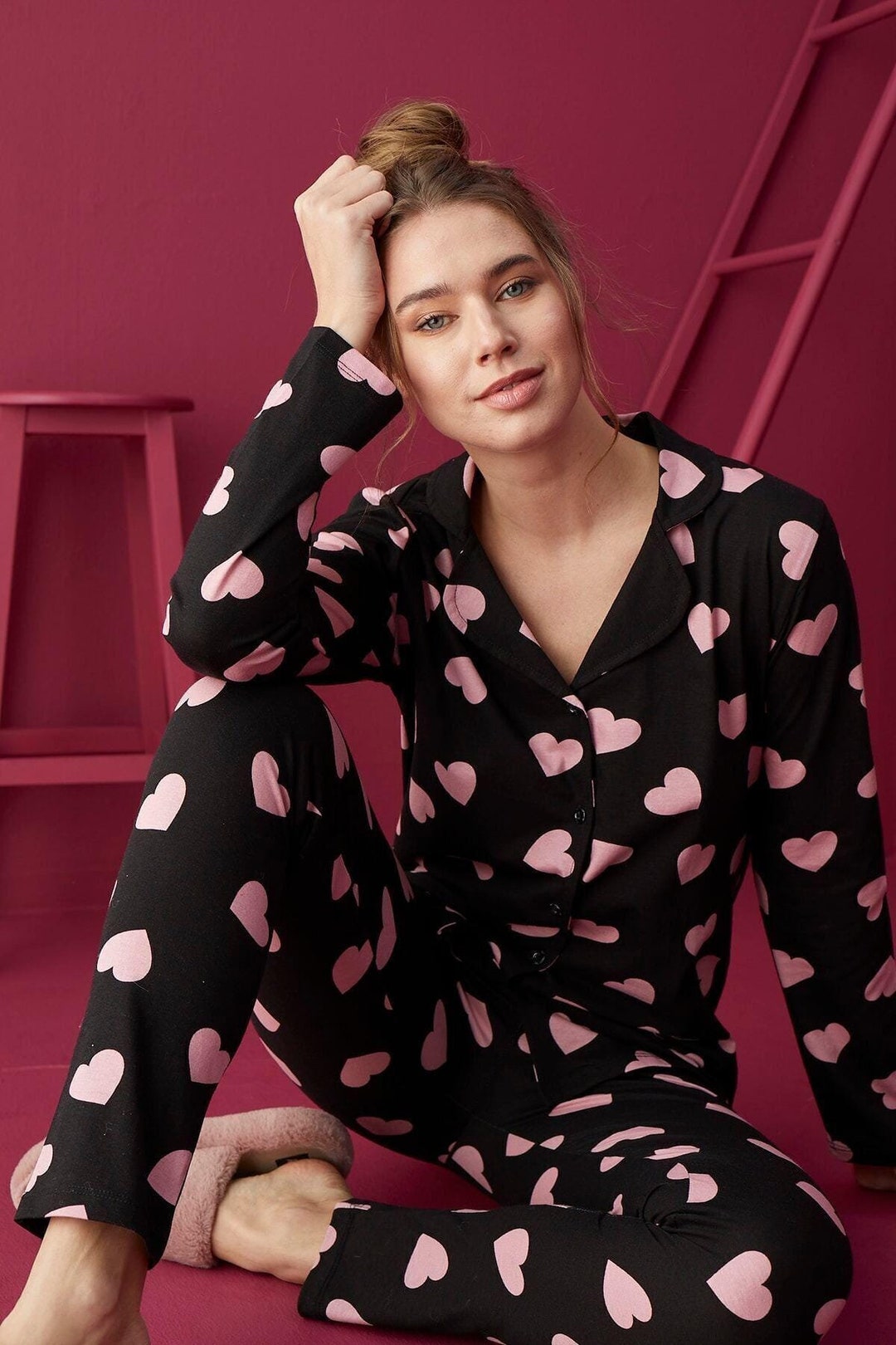 Pink Heart Pajama Set: Women's Black Button-up Loungewear - Etsy
