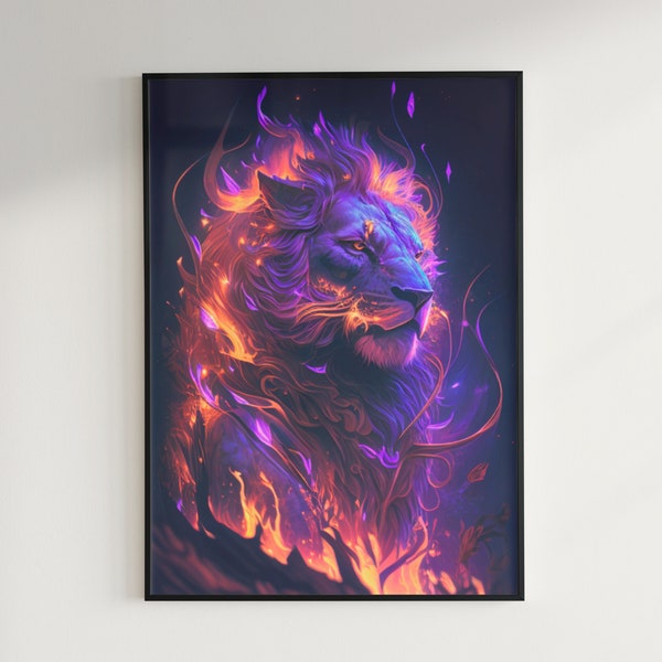 Futuristic Flame Lion Wall Art, Vibrant Cosmic Lion Poster, Stunning Home Décor, Eye-Catching Galaxy Animal Print, Modern Space Room Accent