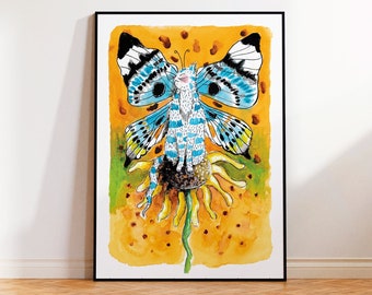 blue butterfly cat print, sunflower cat illustration, cat wall art decor, whimsical blue cheshire cat, Alice in wonderland lover art gift