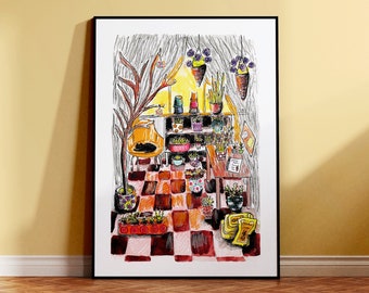 cozy greenhouse cat wall decor black cat illustration plant lover art print gardener gift autumn vibes art print plant watercolor art