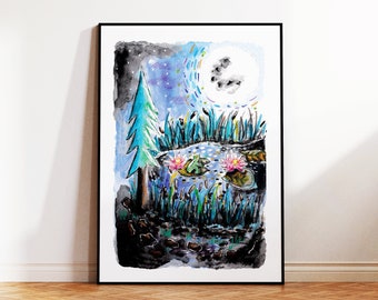 frog pond wall decor, frog watercolor illustration, lake house art, nursery art print, frog art print, full moon landscape painting