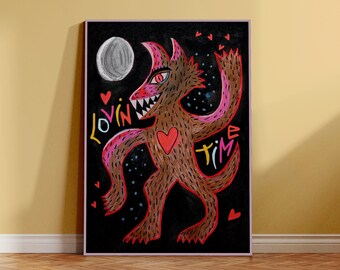 Love wolf art print, horror wall decor, wolf illustration, werewolf painting, halloween decor, bedroom art, classic horror movie art print