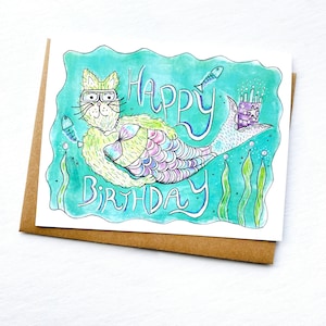 Mermaid cat ocean themed birthday card for cat lovers summer birthday gift