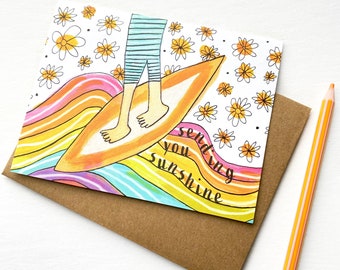 Sunshine surfer greeting card, sending sunshine card, ocean get well card, thinking of you, sunny greeting card, California greeting card