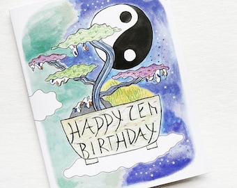 Bonsai Tree Birthday Card: Zen Garden Yin Yang Design
