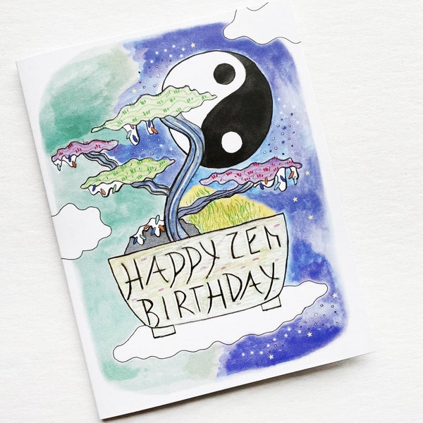 Bonsai tree birthday card, zen garden greeting card, yin yang card, bonsai tree lover gift, zen birthday, plant lover card, plant mom gift