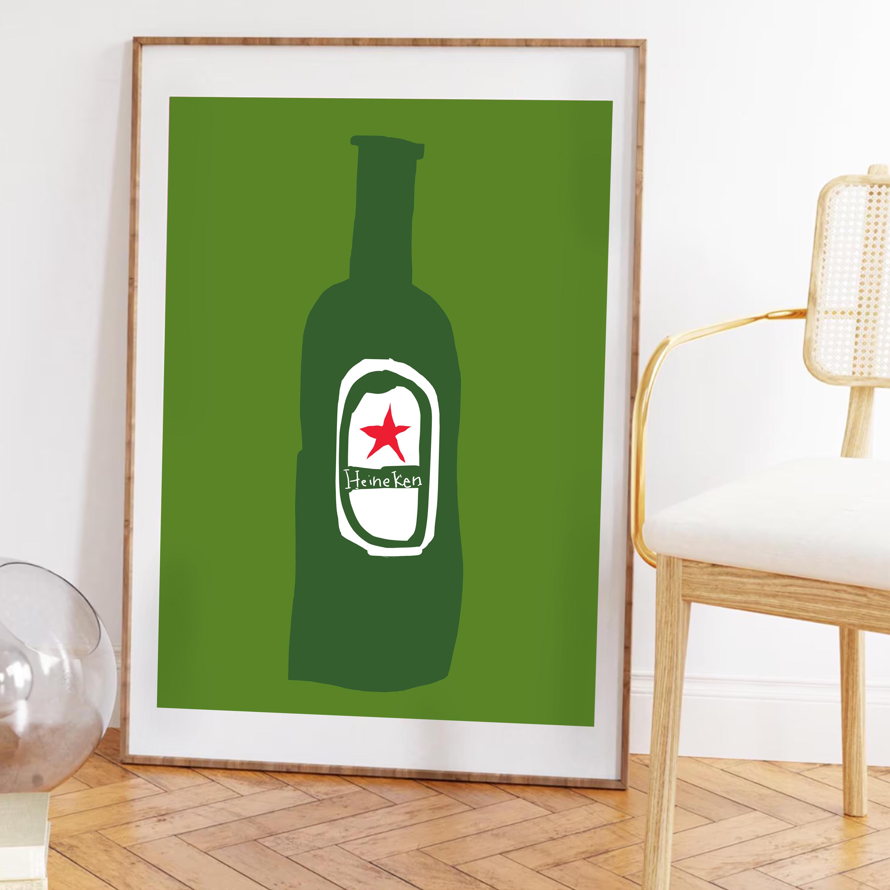 Heineken Beer Wall Art Green Bottle Poster Midcentury Vintage