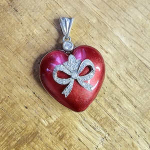 Handmade Sterling Silver Red Enamel Heart Pendant: Vintage Locket