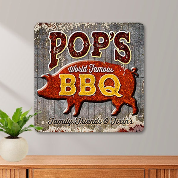 Kitchen Wall Decor - POP'S World Famous BBQ - Metal Sign