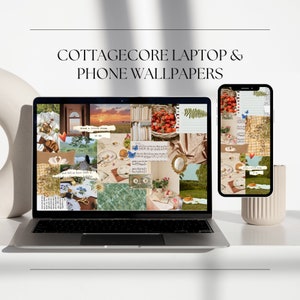 Puede incluir: Un collage de imágenes con una estética cottagecore, que incluye flores, libros, fresas y una taza de té vintage. El collage se muestra en la pantalla de una computadora portátil y en la pantalla de un teléfono inteligente. El texto "Cottagecore Laptop & Phone Wallpapers" se muestra en la parte superior de la imagen.