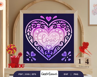 Love Heart Shape I Valentines Day Gift Idea I Paper Cut, Light Box, Shadow Box Template Files I 3D SVG, PNG I DIY Design