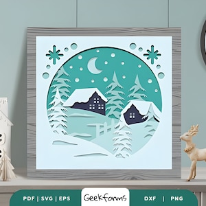 Snowy Village 3D Layered Paper Cut, Shadow Box Light Box Template Files, 3D SVG, PNG, DIY Design, Christmas Gift Idea