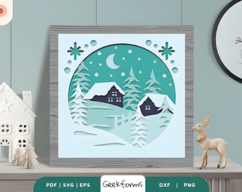 Snowy Village 3D Layered Paper Cut, Shadow Box Light Box Template Files, 3D SVG, PNG, DIY Design, Christmas Gift Idea