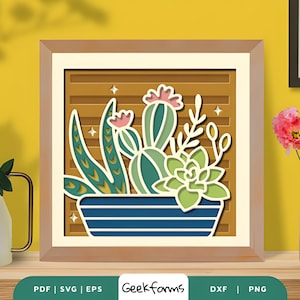 Cute Cacti Floral 3D Shadow Box SVG, led bedroom lightbox, lamp night-light box, laser cutting gift, 3d shadowbox art, 3d layer papercraft