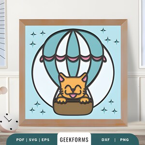 Cat On Air Balloon 3D Paper Cut I Nursery Artwork I Nursery Decor Boy I Nursery Decor Girl I Nursery Illustrations I 3D Shadow Box