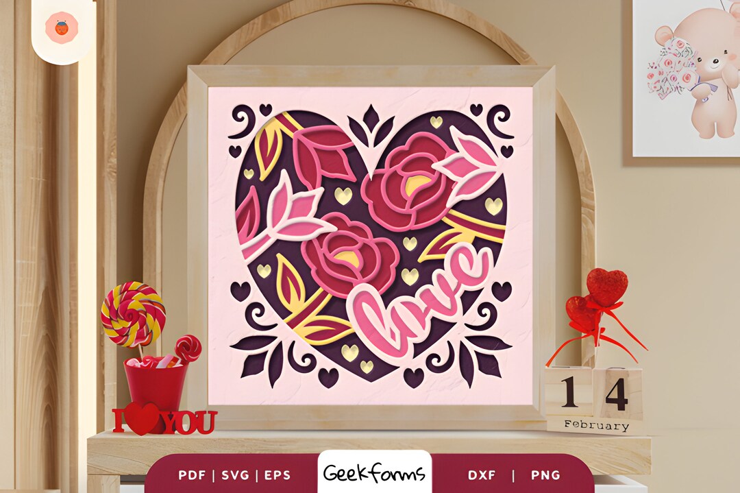 Floral Heart Shape 3D Shadow Box I Paper Cut Light Box Template Files I ...