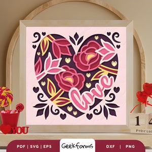 Floral Heart Shape 3D Shadow Box I Paper Cut Light Box Template Files I 3D SVG I PNG I DIY Design I Valentines Day Gift Idea