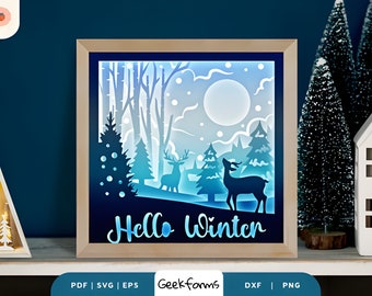 Winter Scene 3D Shadow Box Paper Cut, Light Box Template Files, 3D SVG, PNG, DIY Design, Christmas Gift Idea