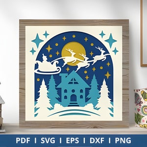 Santa Sleigh Starry Night Shadow Box, Paper Cut Light Box Template Files, 3D SVG, PNG, DIY Design, Christmas Gift Idea, Free Frame Template