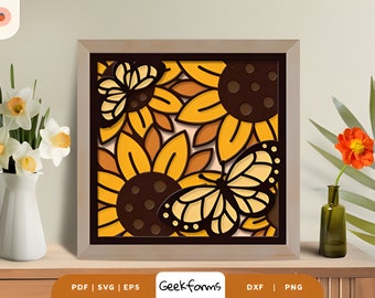 Butterfly with Flowers 3D Shadow Box SVG, Light Box, Paper Cut, DIY Home Decoration