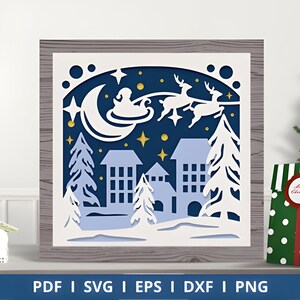 Christmas Reindeer Sleigh Shadow Box, Paper Cut Light Box Template Files, 3D SVG, PNG, DIY Design, Christmas Gift Idea, Free Frame Template