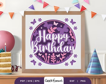 Birthday Butterfly and Flowers 3D Shadow Box, Light Box, Paper Cut SVG, Birthday Gift, DIY Home Decoration