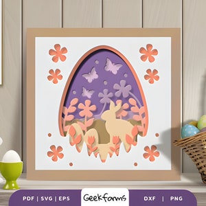Coniglio floreale Pasqua 3D Shadow Box Paper, buona Pasqua in formato SVG, Pasqua a strati in formato SVG, coniglio di Pasqua in formato SVG, coniglietto di Pasqua in formato SVG, coniglietto floreale in formato SVG