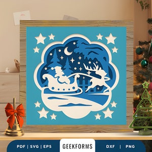 Christmas Santa Sleigh Shadow Box, Paper Cut Light Box Template Files, 3D SVG, PNG, DIY Design, Christmas Gift Idea, Free Frame Template
