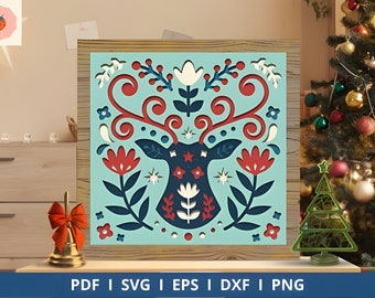 Nordic Christmas Deer Shadow Box, Paper Cut Light Box Template Files, 3D SVG, PNG, DIY Design, Christmas Gift Idea, Free Frame Template