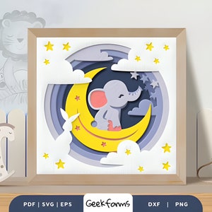 Babyolifant kinderkamer 3D Shadow Box, lichtbak, papier gesneden SVG, DIY kinderkamer artwork, kinderkamer illustraties