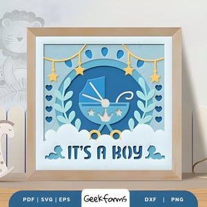 Baby Boy Kinderwagen 3D Shadow Box, Papercut, Light Box, Baby Boy Geschenk, Baby Ankündigung, Babyzimmer, 3d svg, Kinderzimmer Regal Dekor, Baby für Jungen