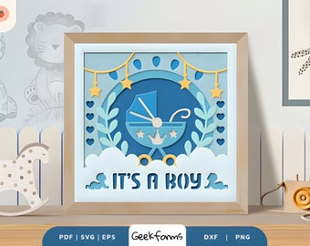 Baby Boy Kinderwagen 3D Shadow Box, Papercut, Light Box, Baby Boy Geschenk, Baby Ankündigung, Babyzimmer, 3d svg, Kinderzimmer Regal Dekor, Baby für Jungen