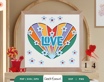 3D Paper Cut Groovy Heart I Valentines Day Gift Idea I Paper Cut, Light Box, Shadow Box Template Files I 3D SVG, PNG I DIY Design