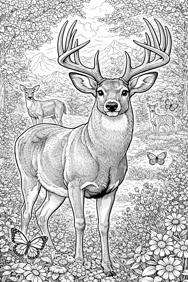 Deer Coloring Pages for Kids & Adults | Cute Woodland Deer Illustration ...