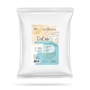 Puede incluir: Una bolsa blanca con una etiqueta que dice "Top Wosk EcoCoco Container Blend Wosk Kokosowy" con un diseño de coco. La etiqueta también incluye el texto "5kg", "Swiece zalewane", "Zalecane temp. podgrzewania 75°C", "Zalecana temp. zalewania 60°C".