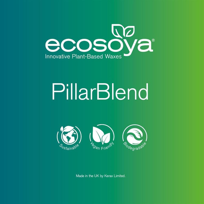 May include: White text on a green gradient background reads "ecosoya Innovative Plant-Based Waxes PillarBlend". Below the text are three white icons with the words "Sustainable", "Vegan Friendly", and "Biodegradable". The text "Made in the UK by Kerax Limited." is at the bottom of the image.