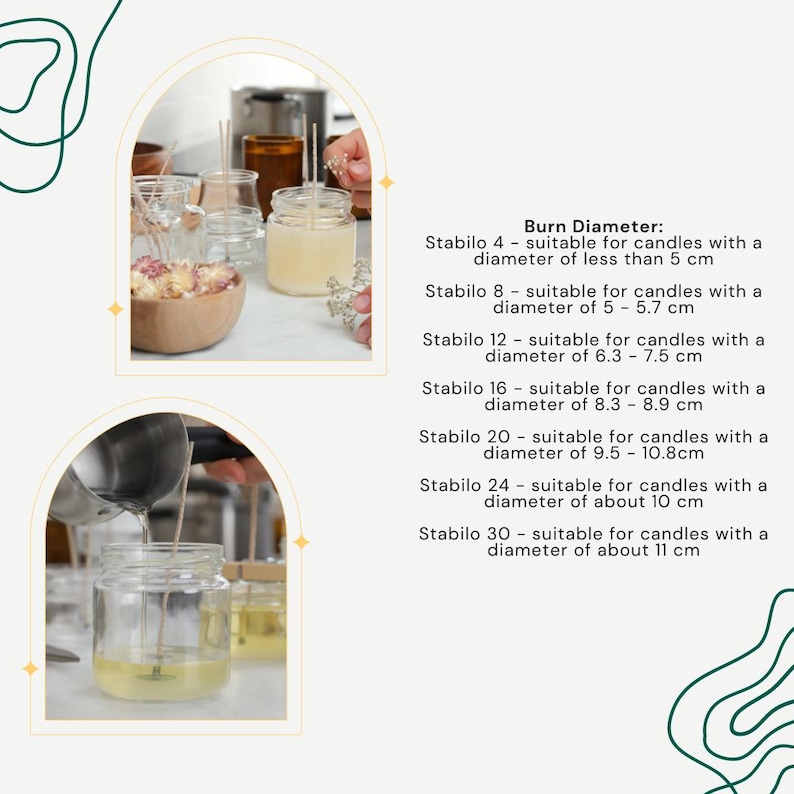 May include: Image showing candle-making process with text detailing burn diameters for various Stabilo candle sizes. Includes jars with wax and wicks, and a container of dried flowers. The text provides cm measurements for each candle size.