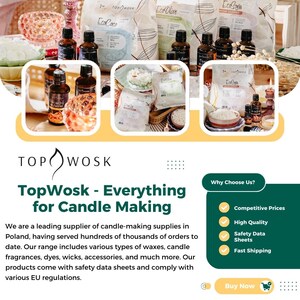 May include: TopWosk - Everything for Candle Making. A company that supplies candle-making materials. The image shows various candle-making supplies, including waxes, fragrances, dyes, wicks, and accessories. The company offers competitive prices, high-quality products, safety data sheets, and fast shipping.