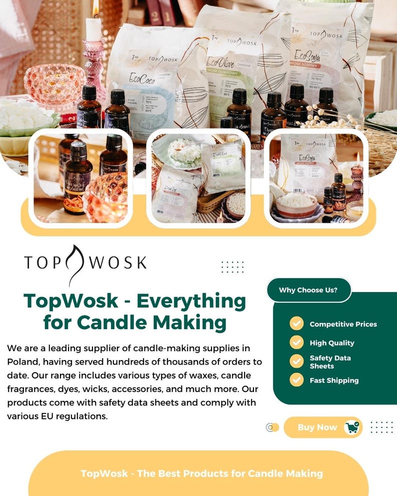 May include: TopWosk - Everything for Candle Making. A company that supplies candle-making materials. The image shows various candle-making supplies, including waxes, fragrances, dyes, wicks, and accessories. The company offers competitive prices, high-quality products, safety data sheets, and fast shipping.