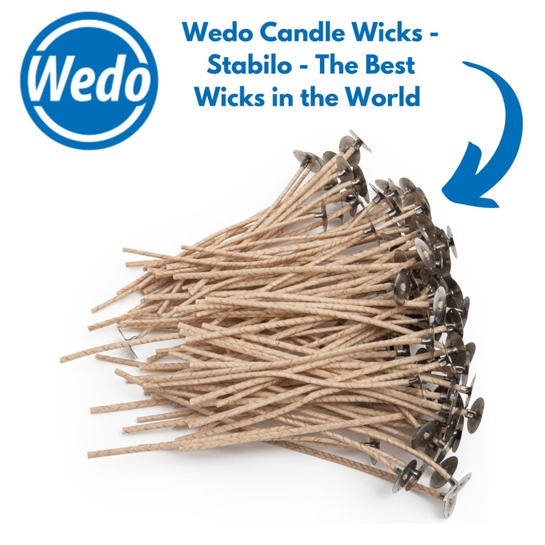 May include: A pile of candle wicks with metal bases. The wicks are made of a light brown, braided material. The image includes the text "Wedo Candle Wicks - Stabilo - The Best Wicks in the World" and a blue logo.