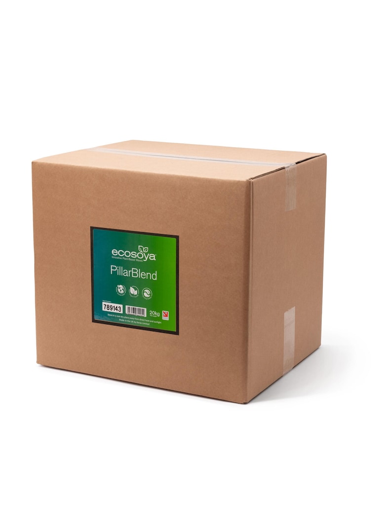 May include: A brown cardboard box with a green and white label that says "ecosoya PillarBlend" and has a product code of "789143". The box is 20 kg.