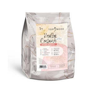 Puede incluir: Una bolsa blanca con un diseño floral y una etiqueta que dice "KeraSoy Container 4150 Cera de soja". La etiqueta también incluye información sobre la temperatura recomendada para derretir y verter la cera.