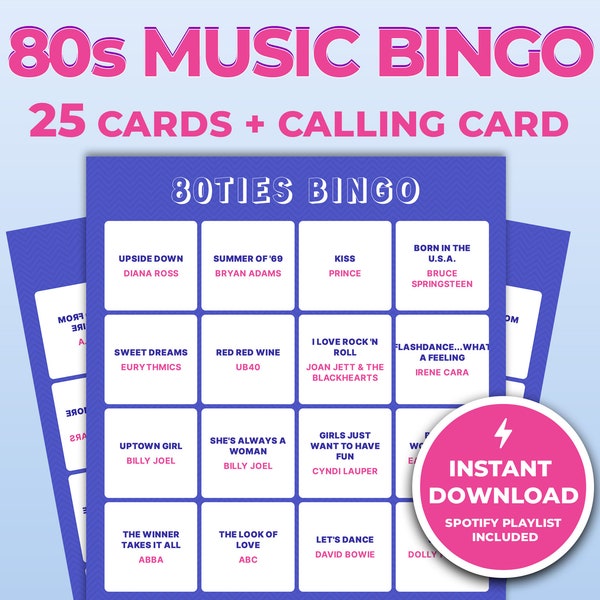 ¡Bingo musical de los 80! Descarga digital instantánea, lista de reproducción de Spotify incluida, 25 cartones de bingo únicos