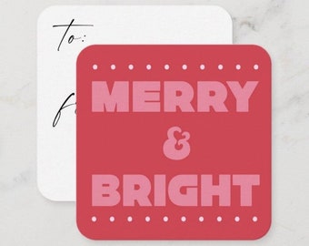 Étiquette-cadeau de Noël | Étiquette-cadeau des Fêtes | Joyeux et lumineux | Étiquette-cadeau rouge et rose | Téléchargement numérique imprimable