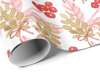 Papier imprimable à télécharger | Papier cadeau de Noël | Papier cadeau des Fêtes | Pommes de pin | Ruban rouge | Baies | Feuilles roses