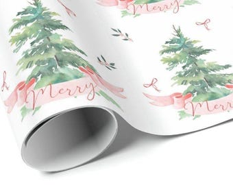 Papier imprimable à télécharger | Papier cadeau de Noël | Papier cadeau des Fêtes | Arbre de Noël | Ruban rose | Noeuds de ruban rouge