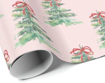 Papier imprimable à télécharger | Papier cadeau de Noël | Papier cadeau des Fêtes | Sapin de Noël avec ruban rouge | Fond rose